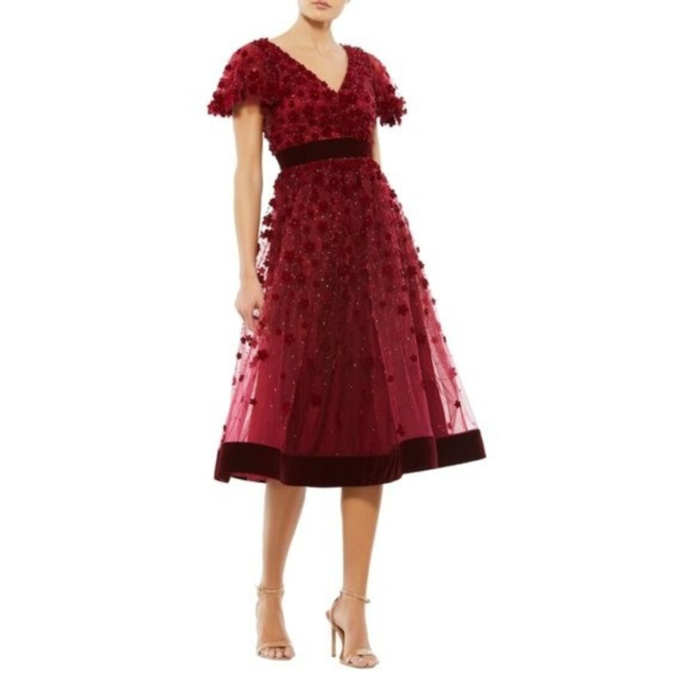 Mac Duggal Floral Applique Midi Cocktail Dress in Maroon